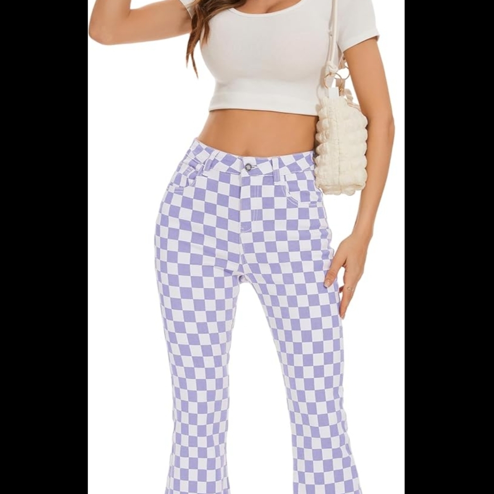 Purple Flare Wide Leg Jeans with Retro Checkerboard Pattern